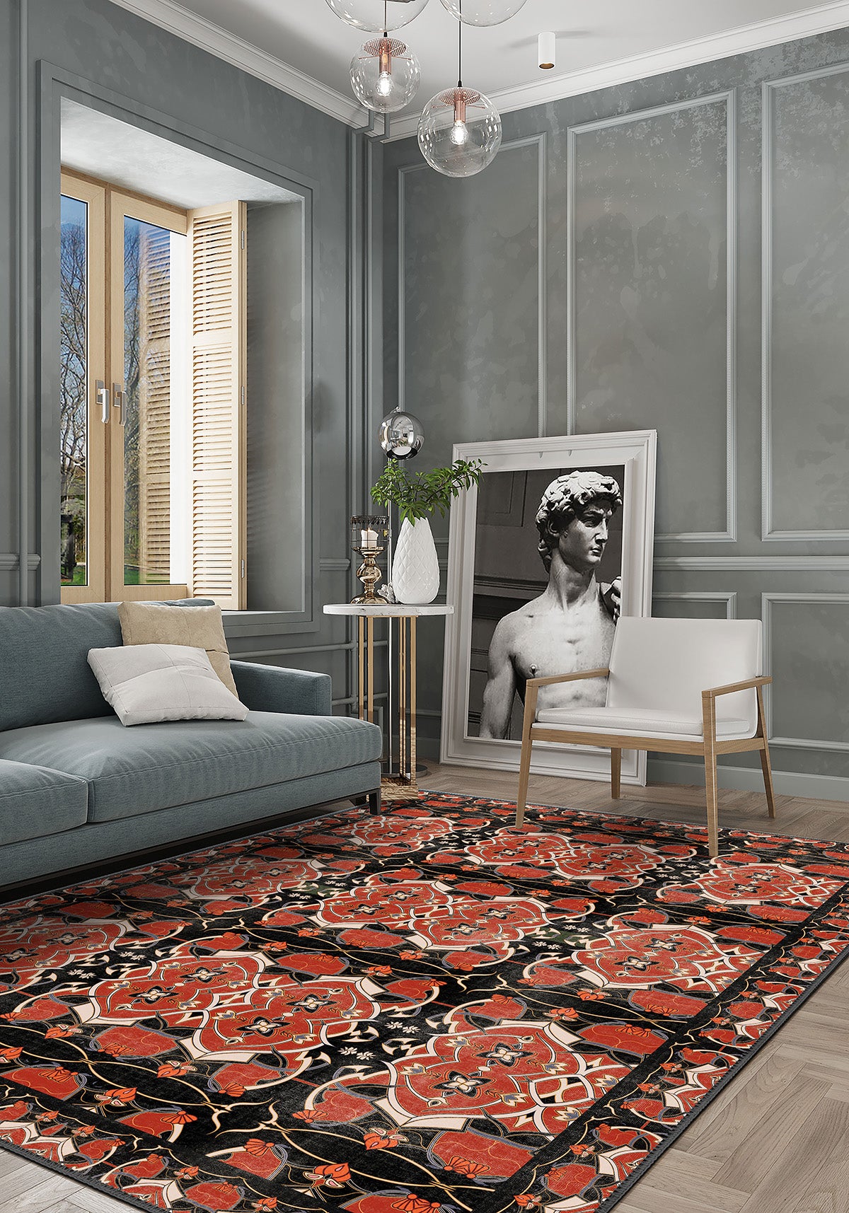 Living room with a floral rug, gray walls, and modern decor.