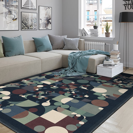 Teal geometric rug for living room.
