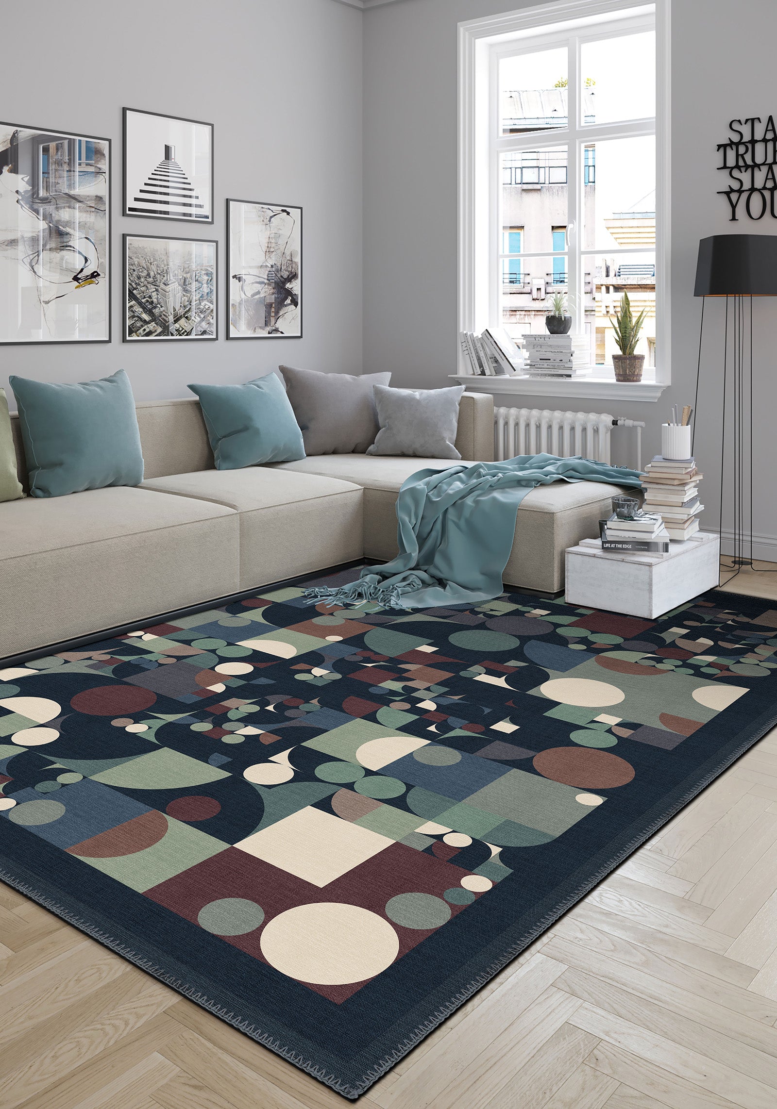 Teal geometric rug for living room.