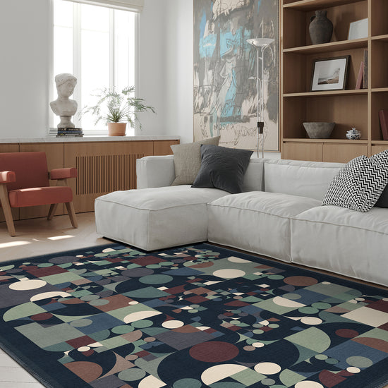 Navy geometric rug for living room.