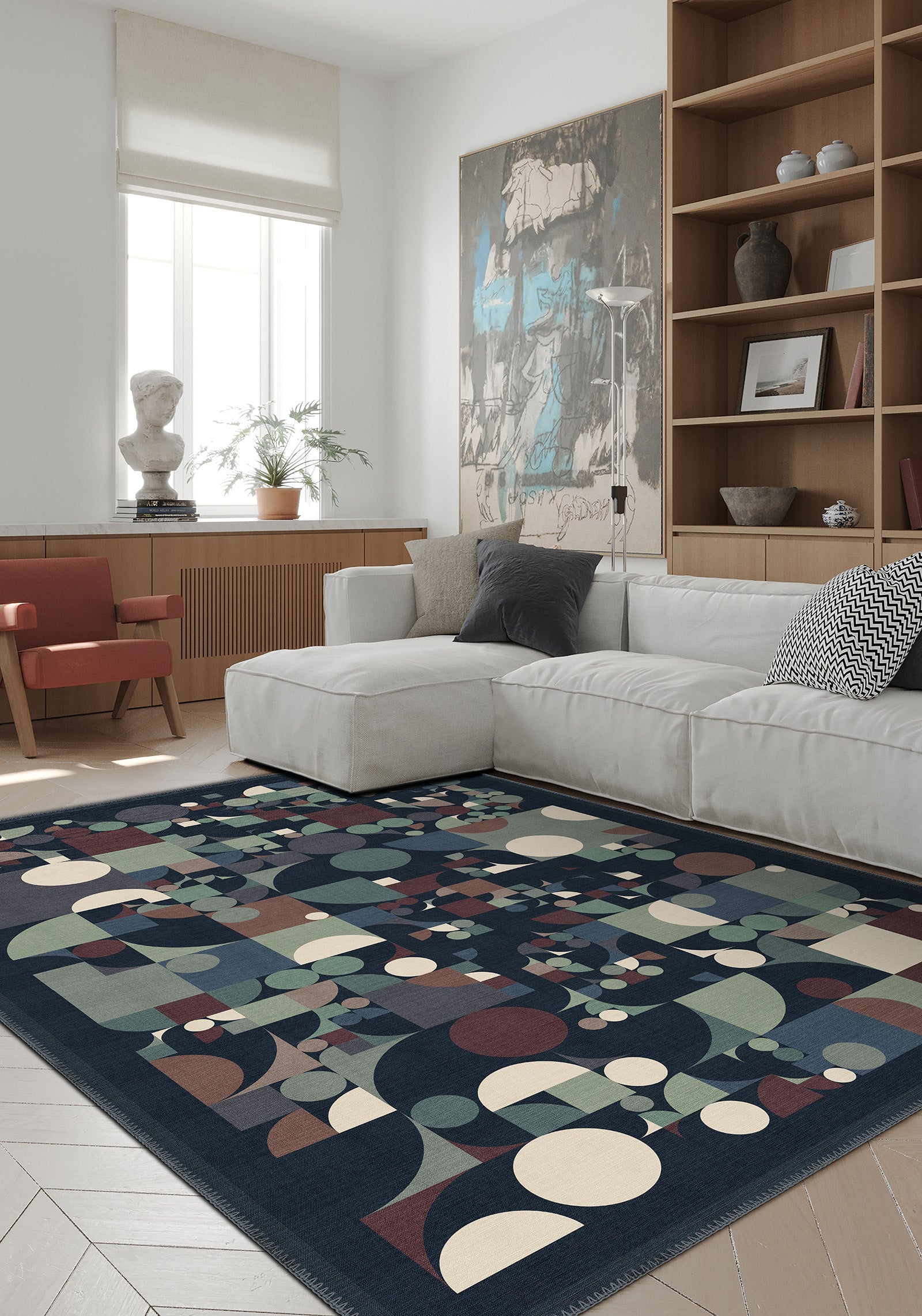 Navy geometric rug for living room.