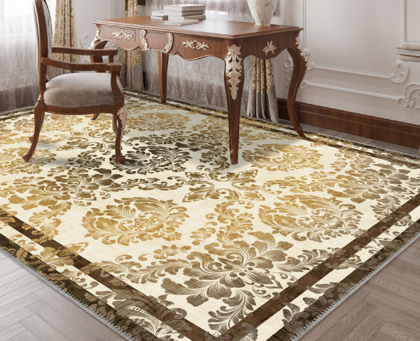 Gold rug in bedroom