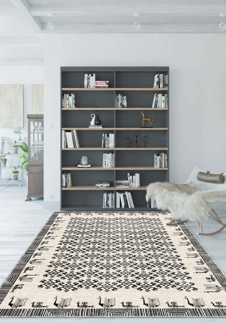 Birds of Freedom Black and White Boho Rug