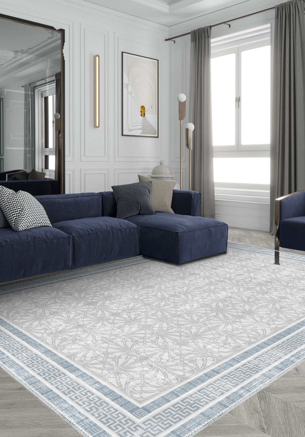 Alexis Blue Bordered Grey Rug