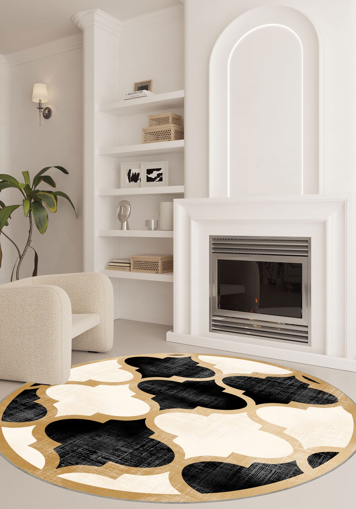 Zoe Gold Bordered Black and White Rug