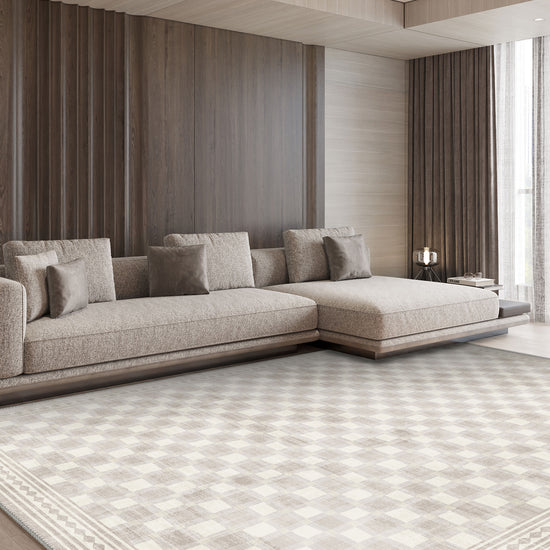 Modern living room rug in cream and ivory.