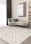 Modern living room rug with minimalist geometric pattern.