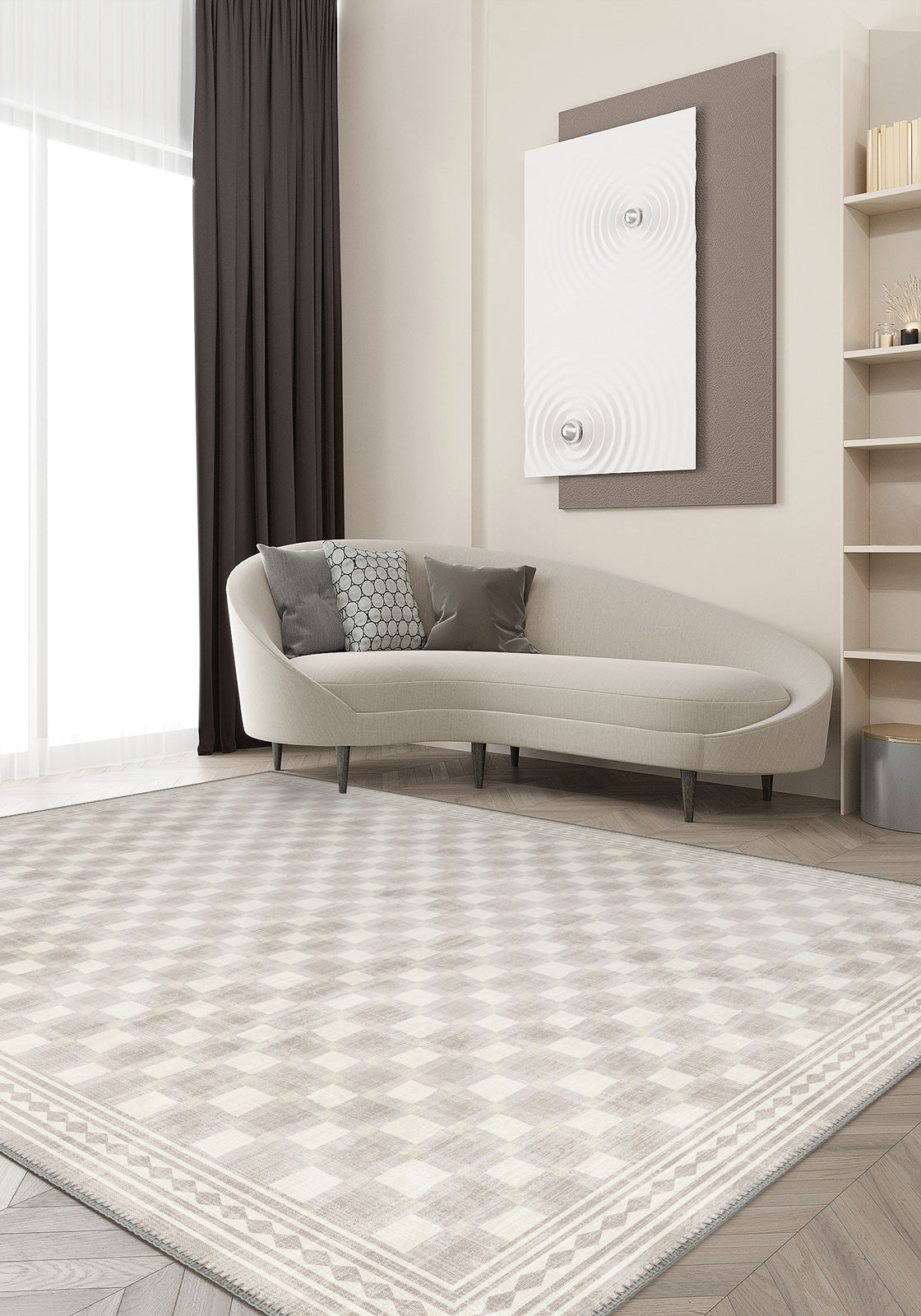 Modern living room rug with minimalist geometric pattern.