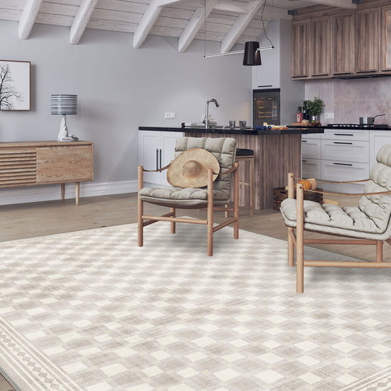 Minimalist cream rug for living room.