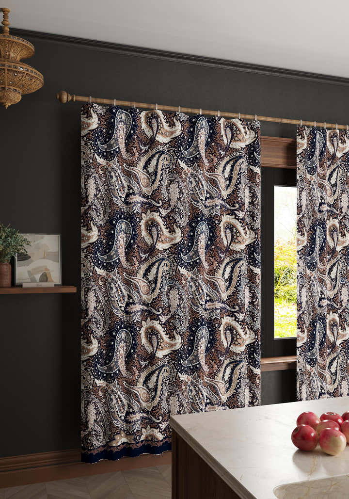 Tavira Navy Brown Paisley Curtain