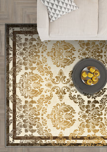 Cream damask rug for a living room.