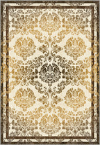 Damask rug in cream, gold and brown.