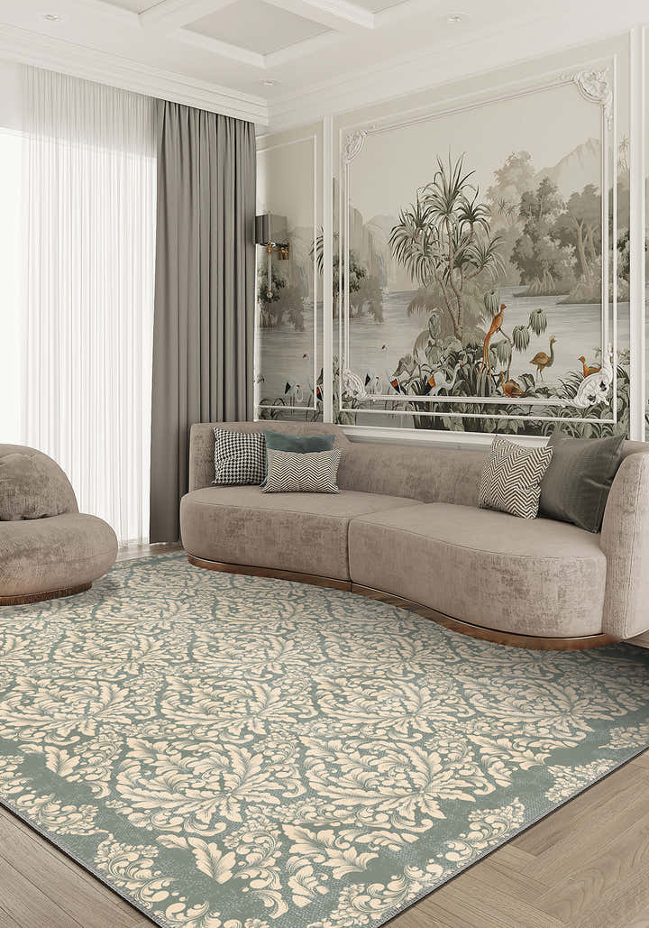 Damask sage green rug for living room.
