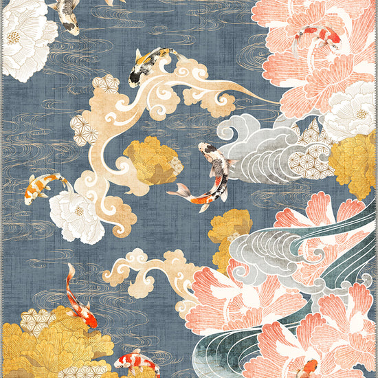 Decorative rug with floral and koi fish design on a blue background