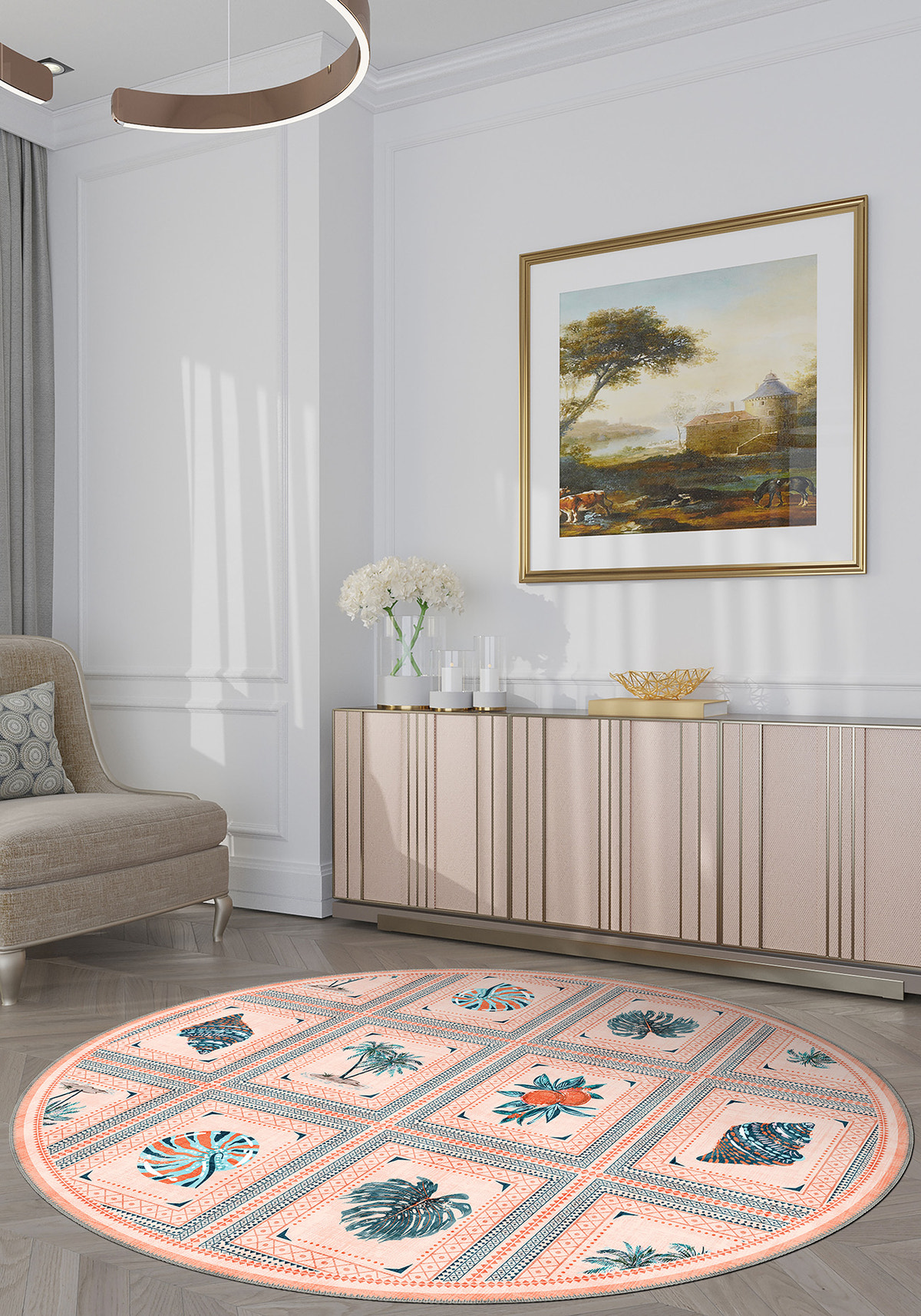 Pink round rug for living room.