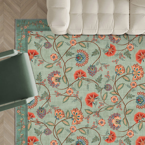 Floral green rug for living room.