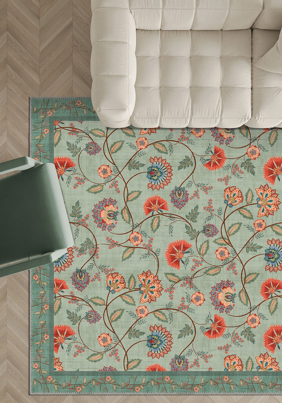 Floral green rug for living room.
