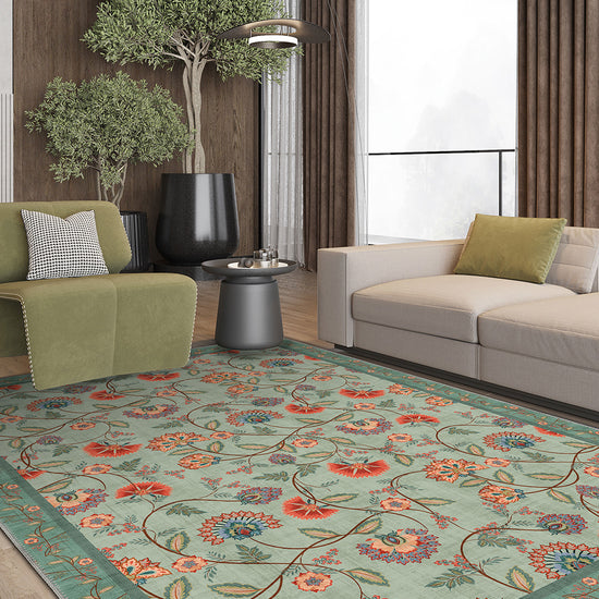 Green floral rug for living room.