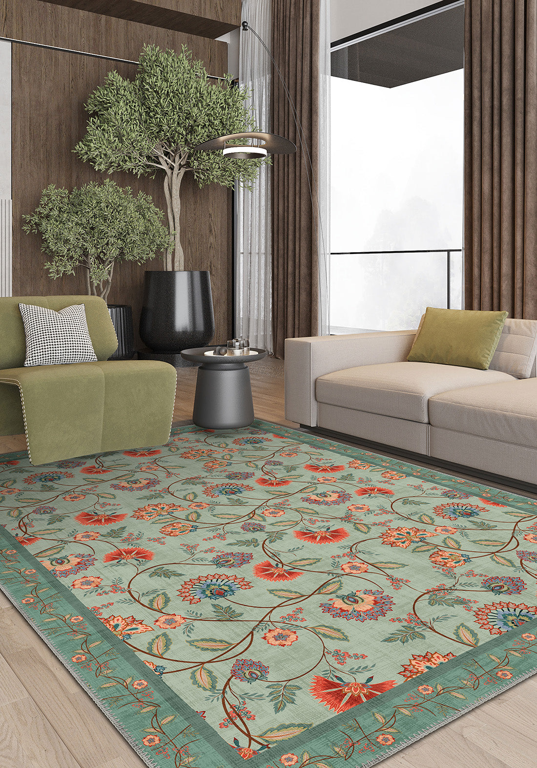 Green floral rug for living room.