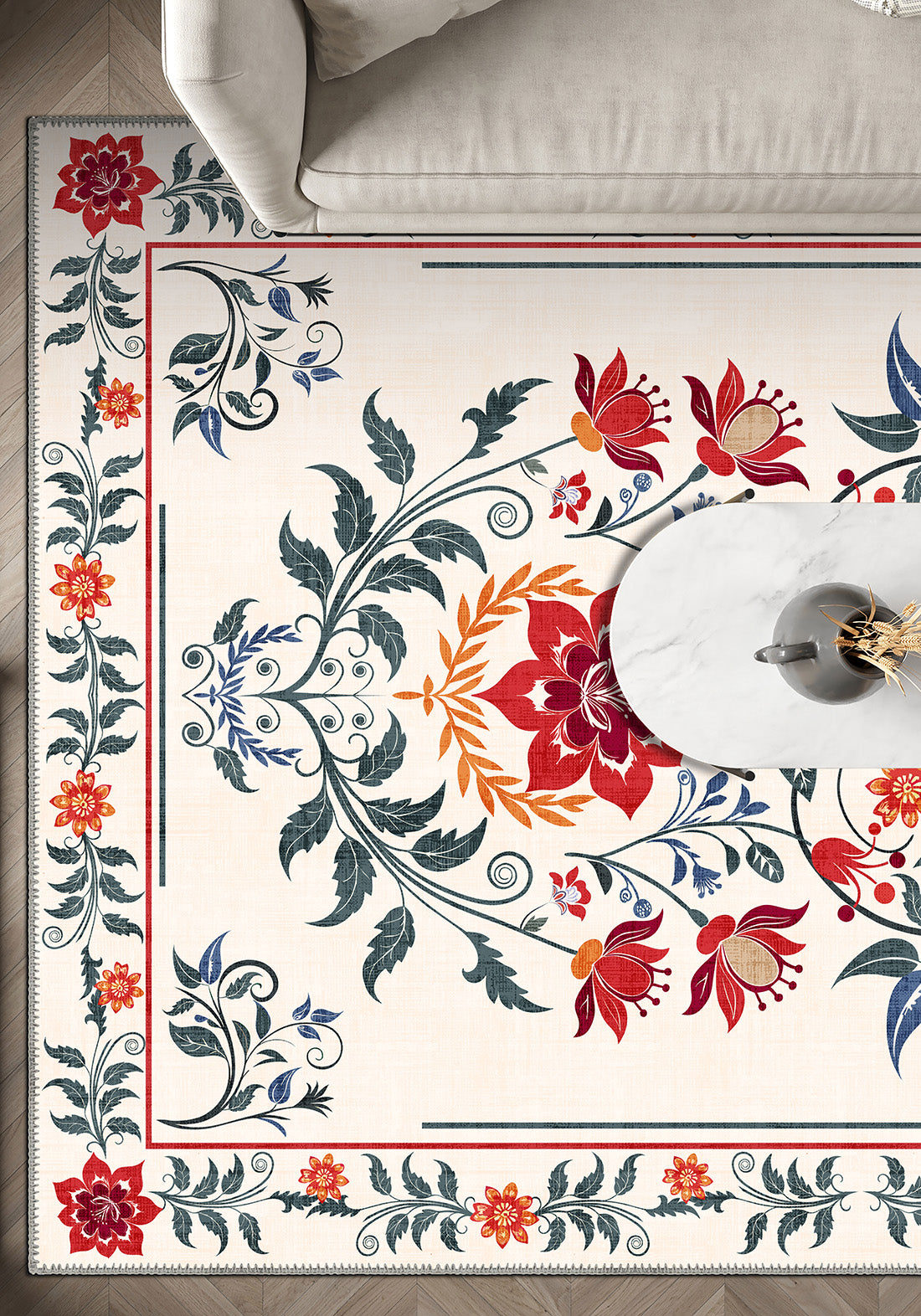 White floral rug for living room.