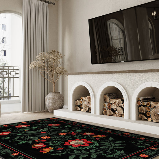 Black floral rug for living room.