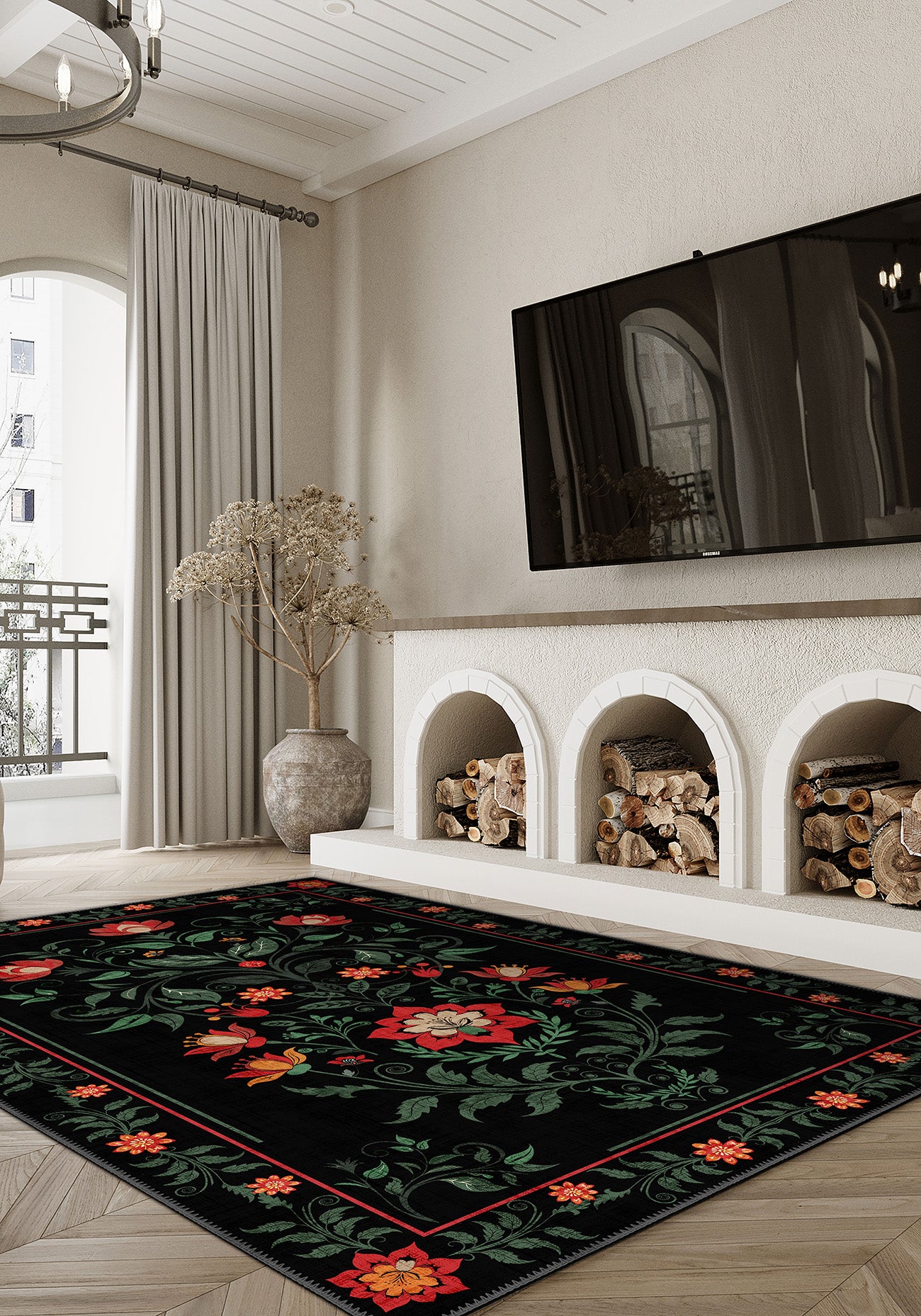 Black floral rug for living room.