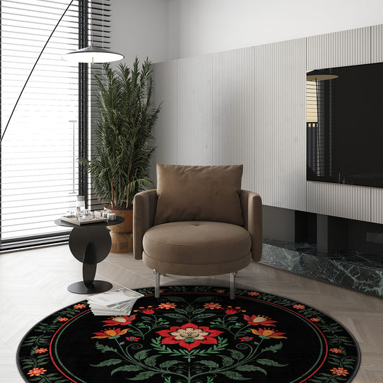Entryway Rugs; black floral round rug for living room.