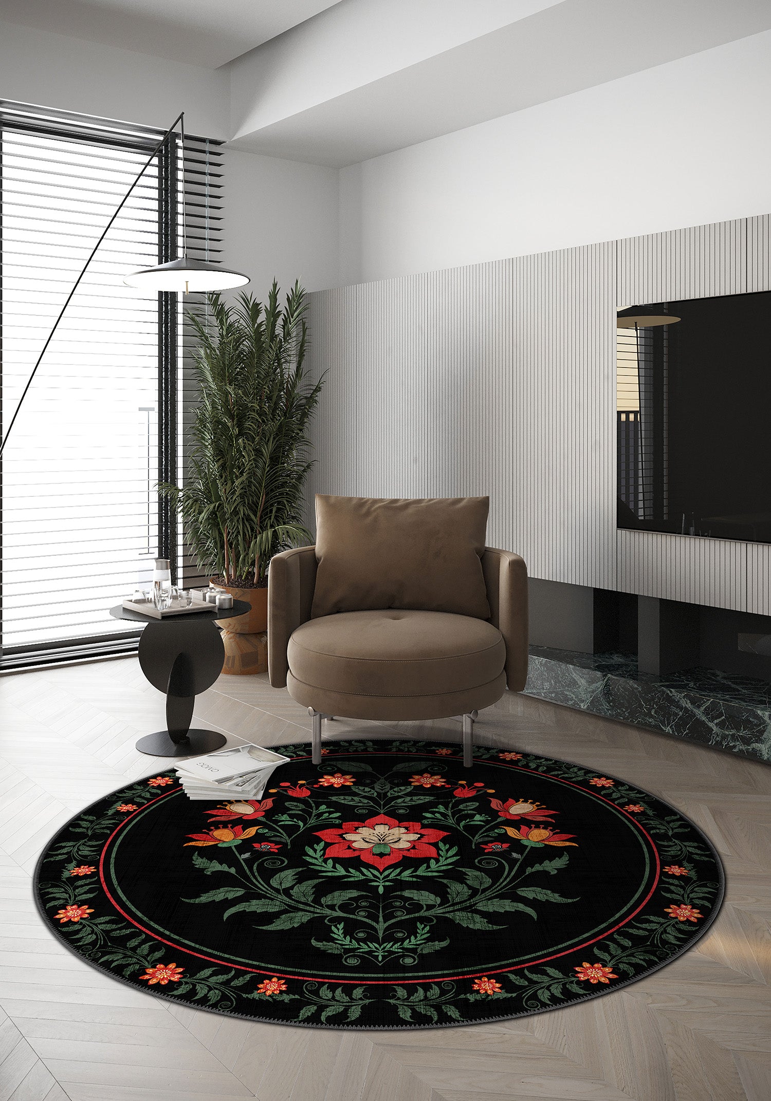 Entryway Rugs; black floral round rug for living room.