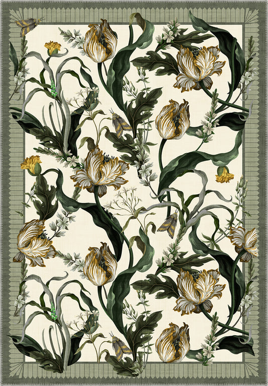 Green White Floral Rug
