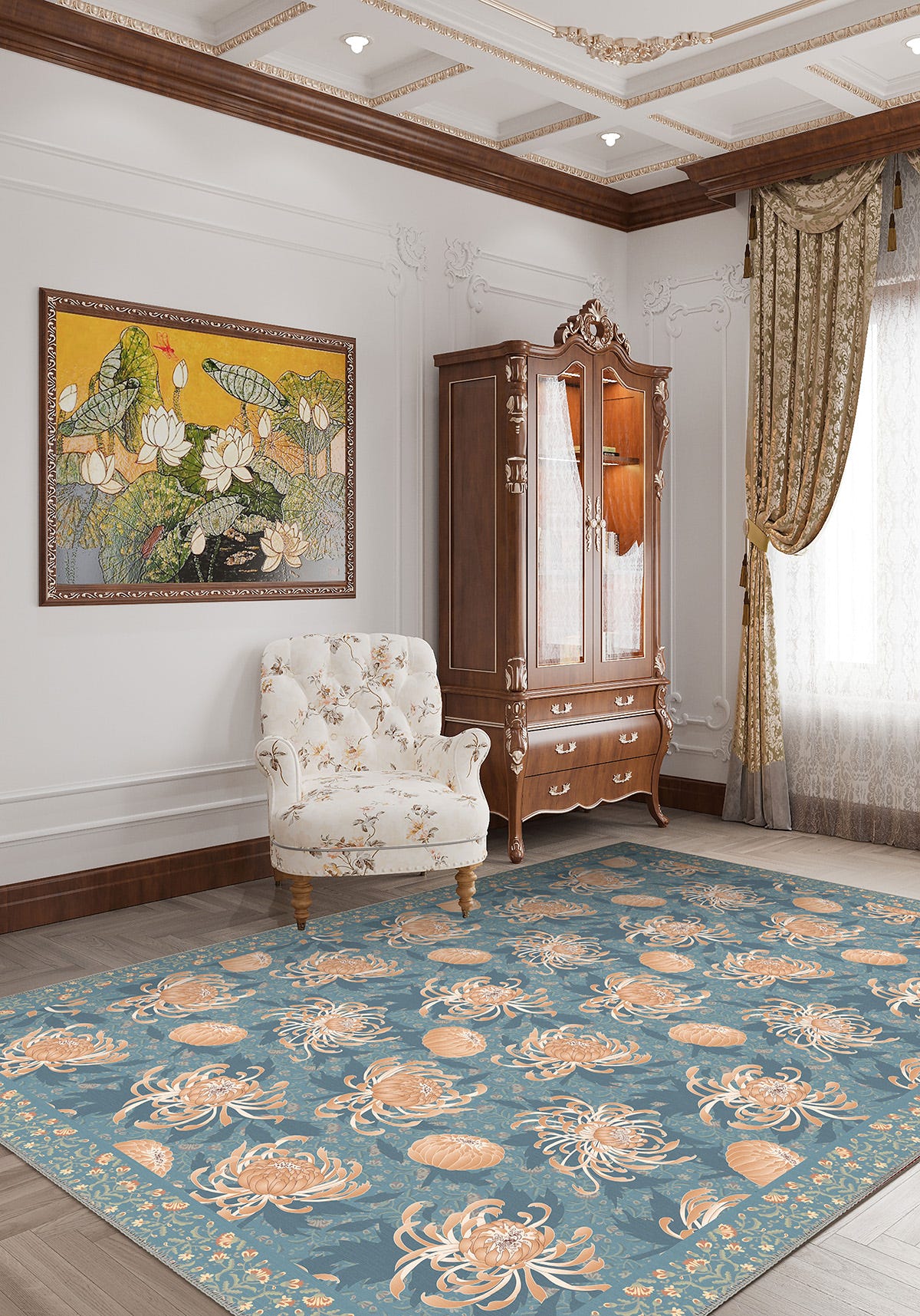 Floral blue rug for living room.