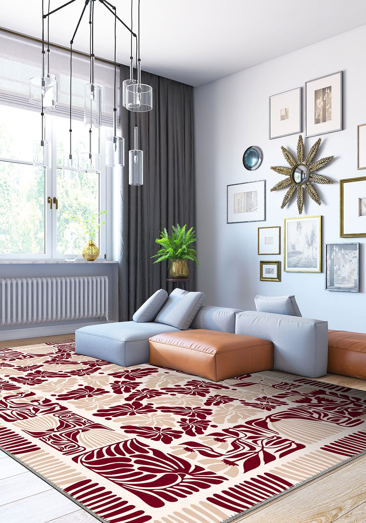 Burgundy floral rug for living room.