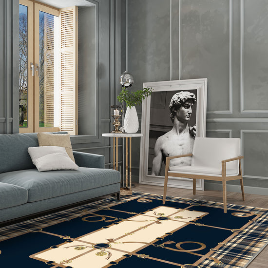 Navy plaid rug for living room.