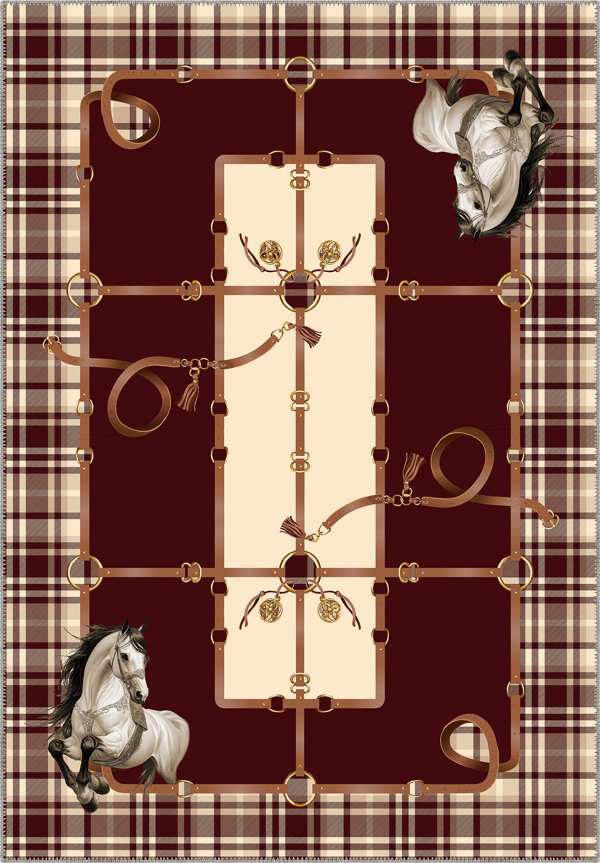 Burgundy plaid rug with equestrian details and horse motifs.