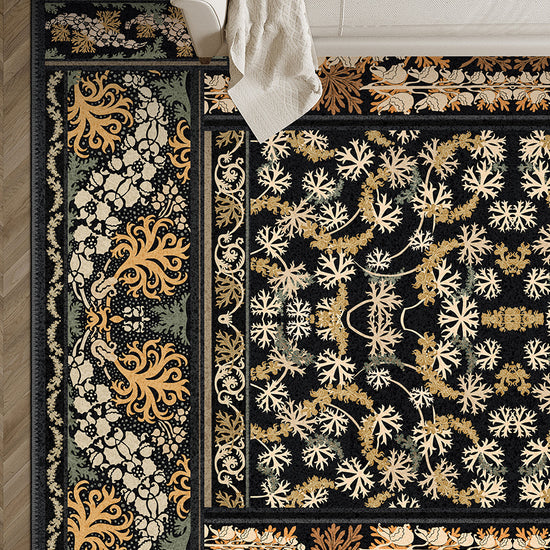 Black floral eclectic rug for living room.