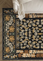 Black floral eclectic rug for living room.