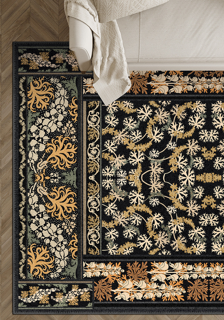 Black floral eclectic rug for living room.