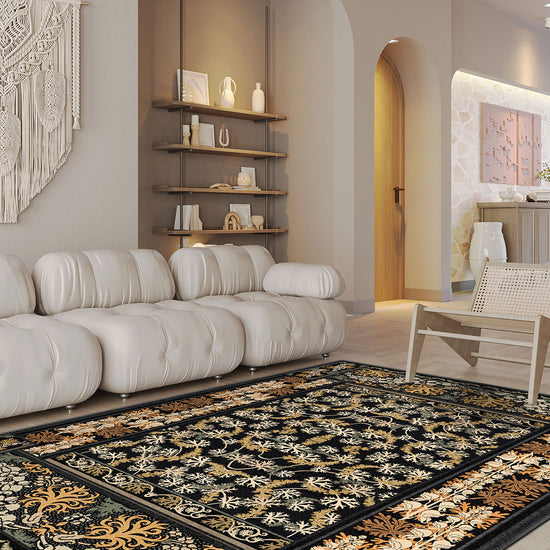 Black floral rug for living room.
