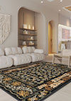 Black floral rug for living room.