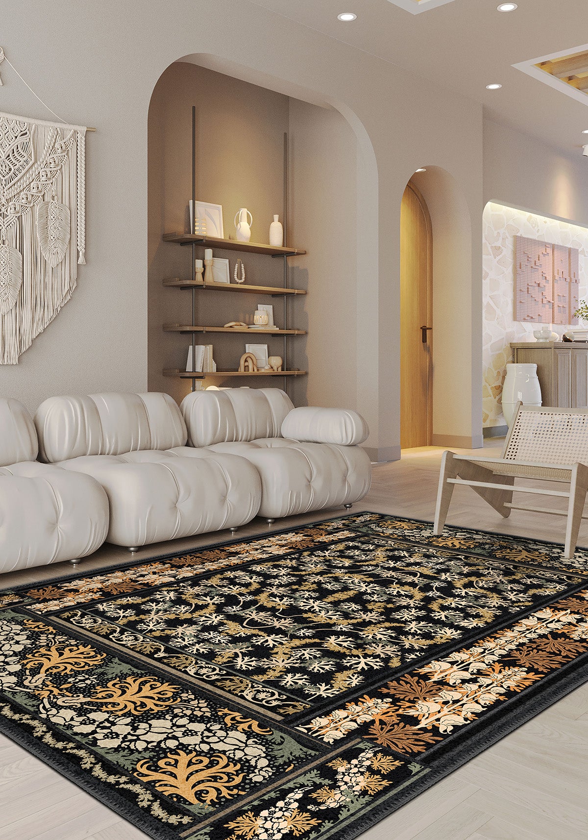 Black floral rug for living room.