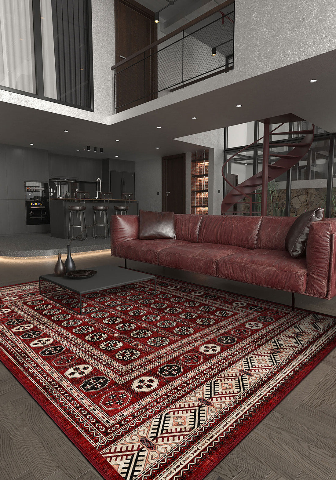 Red Afghan rug for living room.