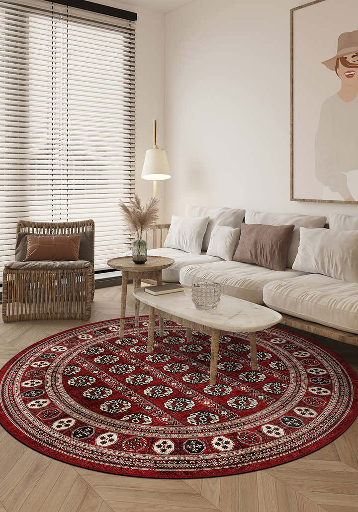 Round bokhara rug for living room.