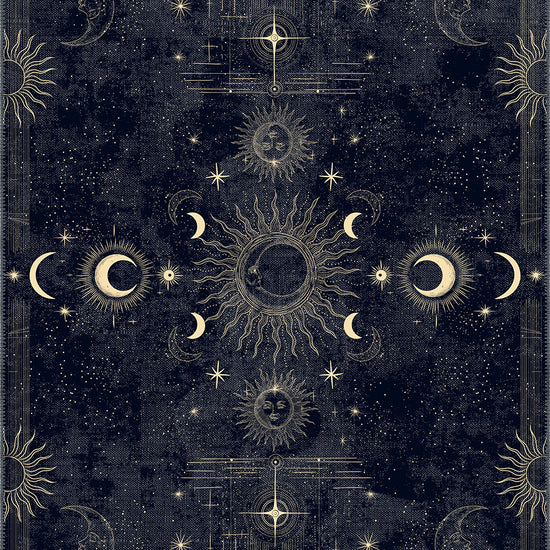 Navy celestial rug for living room.