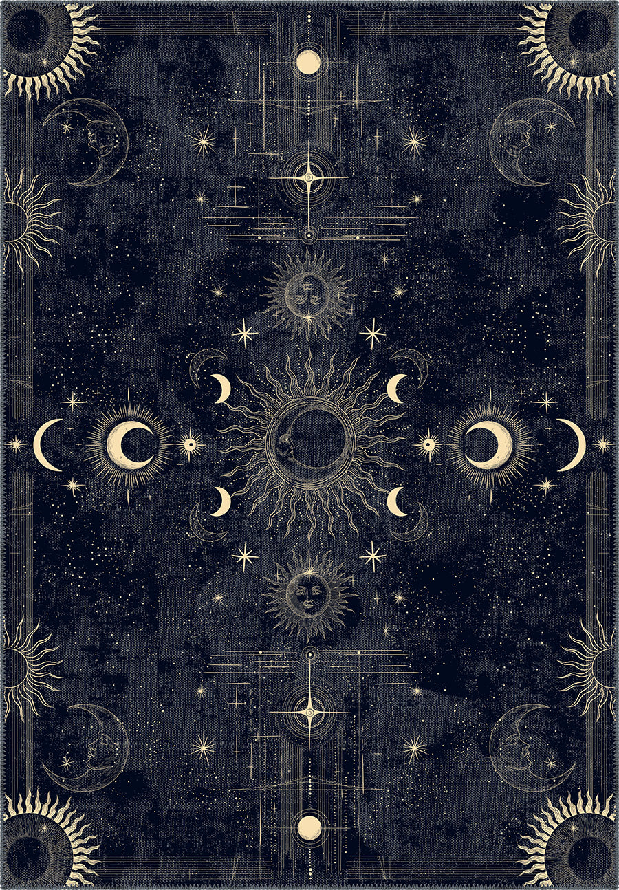 Navy celestial rug for living room.