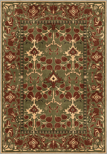 Decorative green rug with intricate pattern.