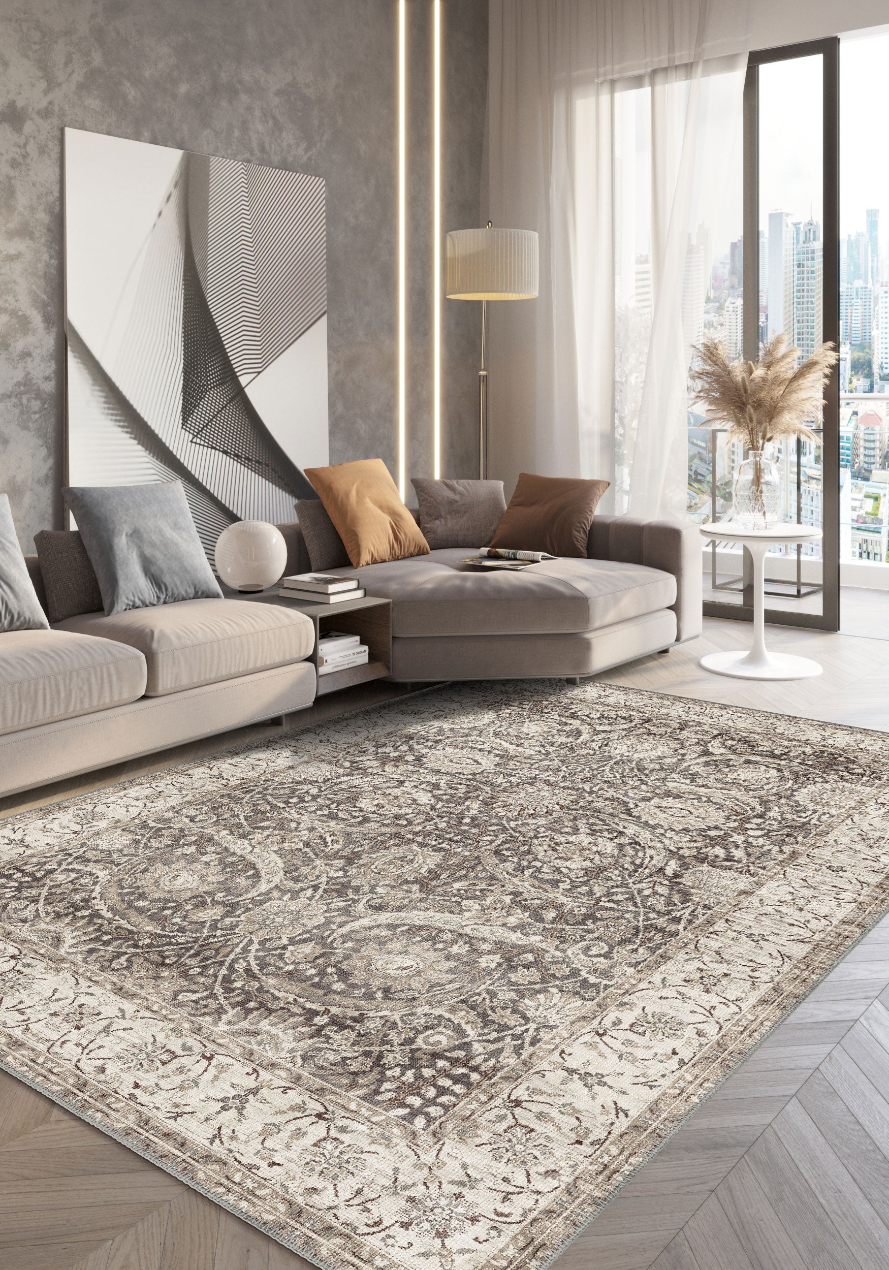 Leonie Washable Brown Vintage Rug | Rugette