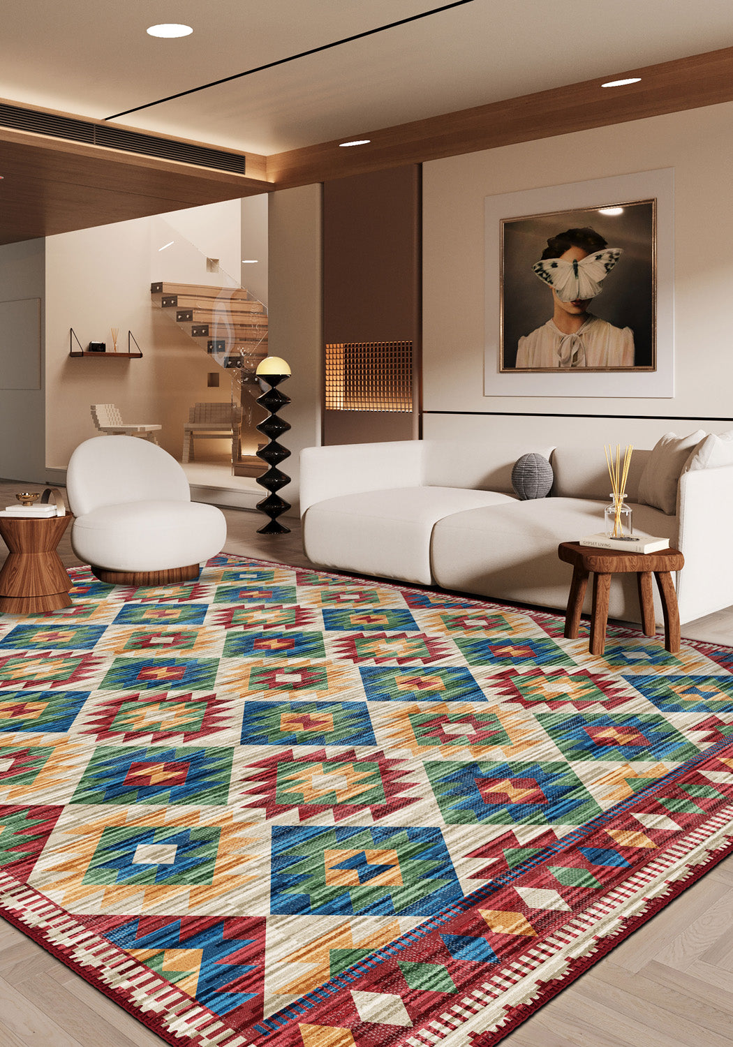 Colorful kilim rug for living room.
