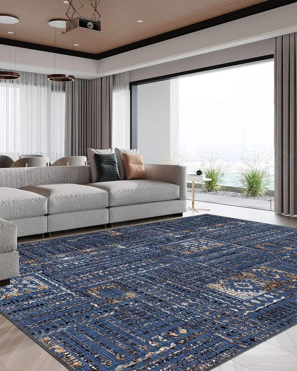 Nora Blue Abstract Washable Rug