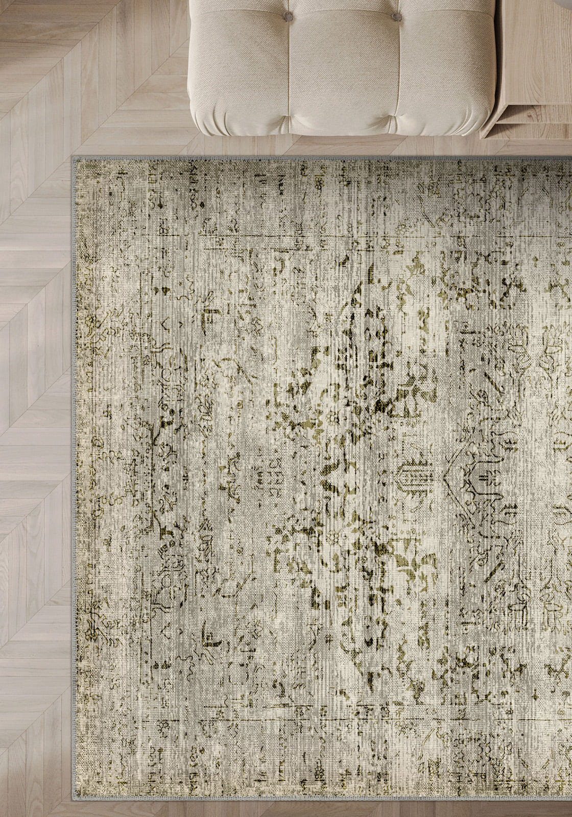 Hudson Green Beige Medallion Washable Rug