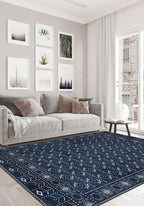 Blue Bokhara rug for living room.
