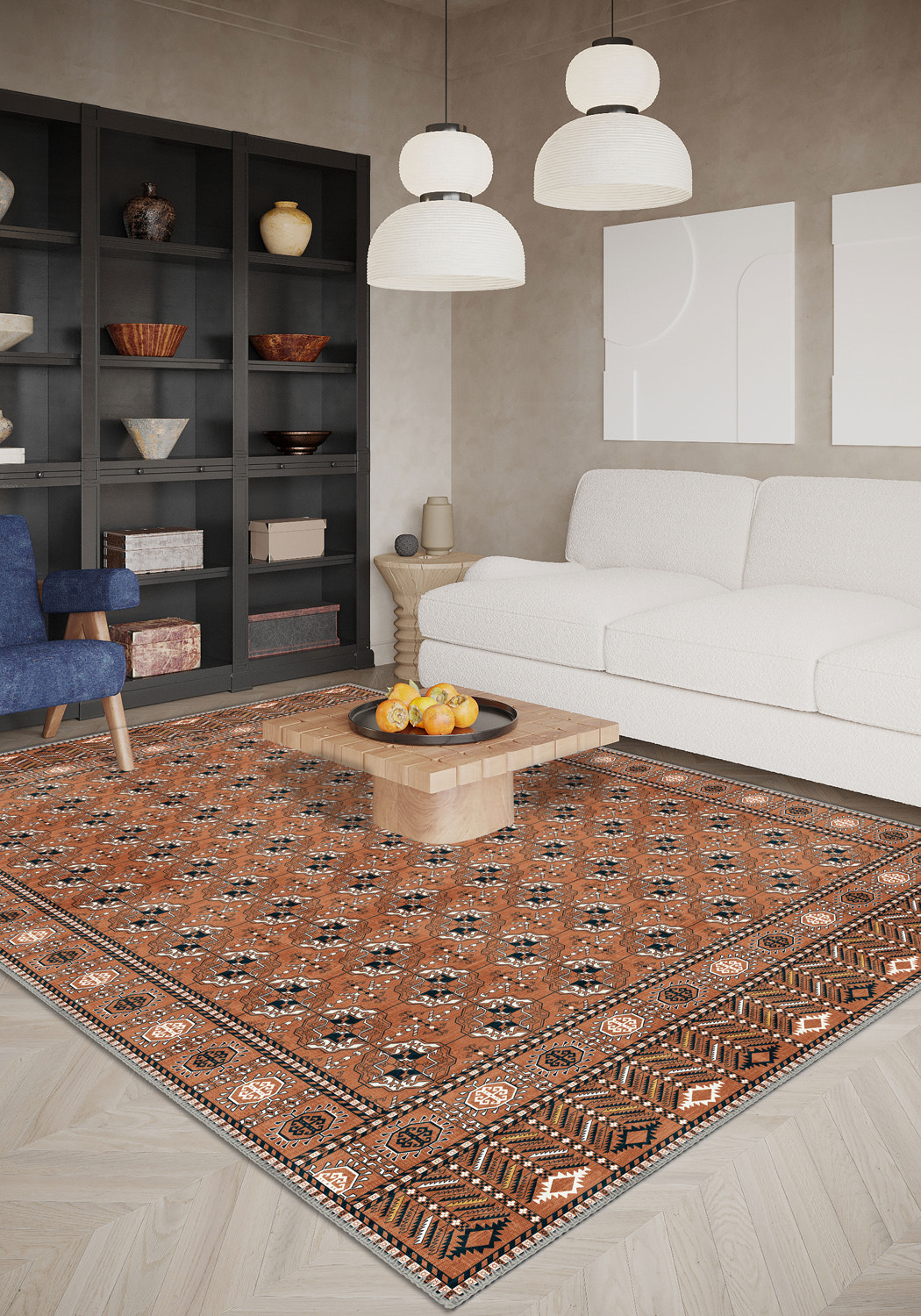 Orange bokhara rug for living room.